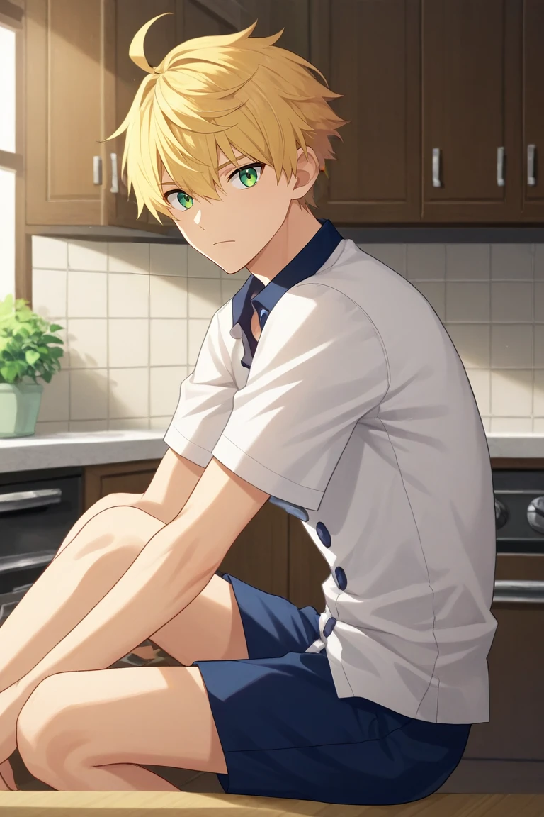score_9, score_8_up, score_7_up, source_anime, rating_safe, , anime screencap, anime coloring, official style, looking at viewer, , 1boy, solo, male focus, <lora:arthur_pendragon_fate_pony:0.76>, arthur_pendragon_fate, blonde hair, green eyes, short hair, ahoge, hair between eyes, bangs, , , from side, kitchen, indoors, dark, legs together, sad, , <lora:sdxl_lightning_8step_lora:1>