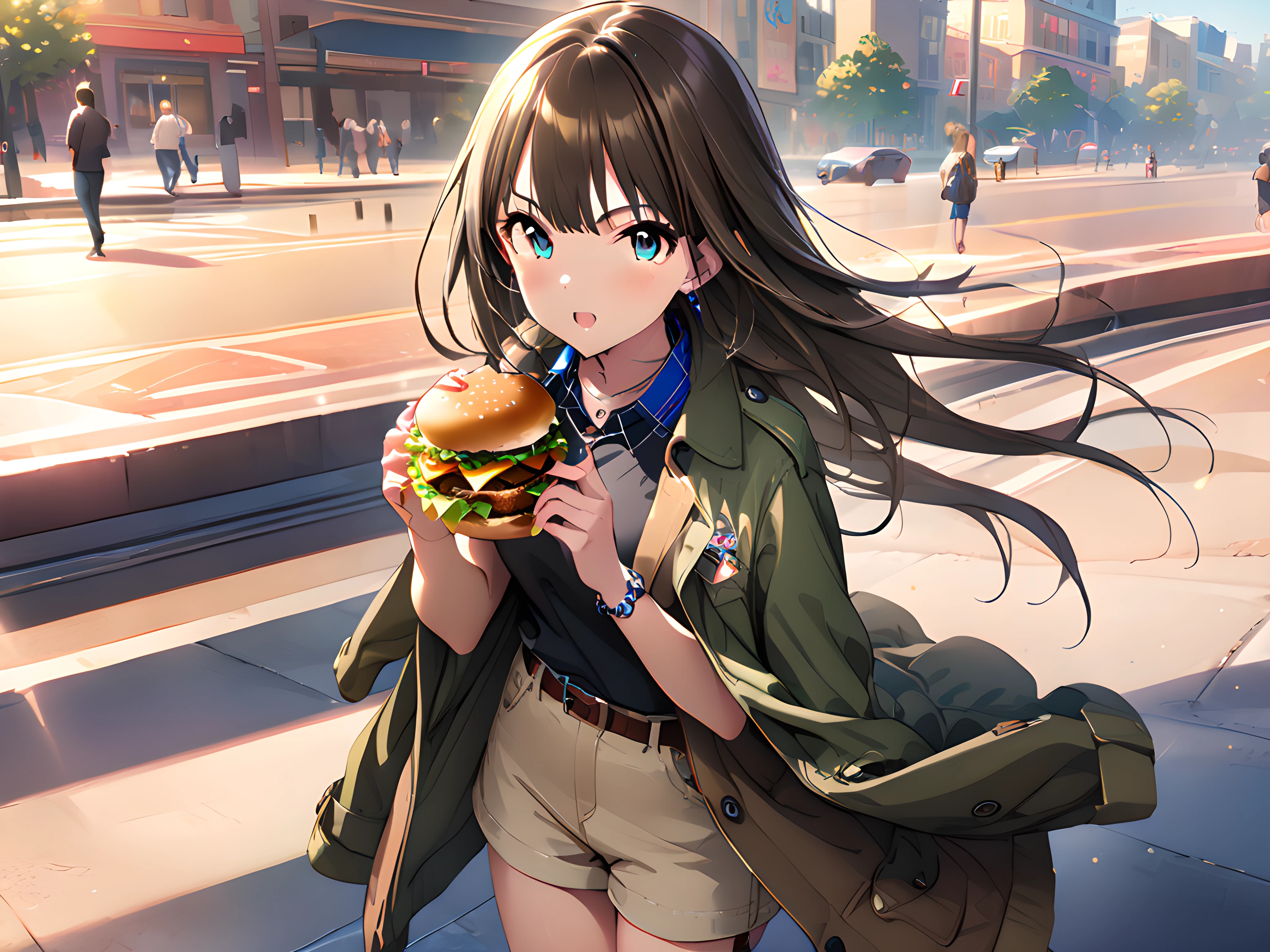 (masterpiece),(best quality),(ultra-detailed),(best illustration),(best shadow),(absurdres),(detailed background),(very aesthetic),rin shibuya, , casualoutfit, 1girl, solo, long hair, jacket on shoulders, burger, jewelry, food, brown hair, jacket, shorts <lora:rinshibuyav1:1>