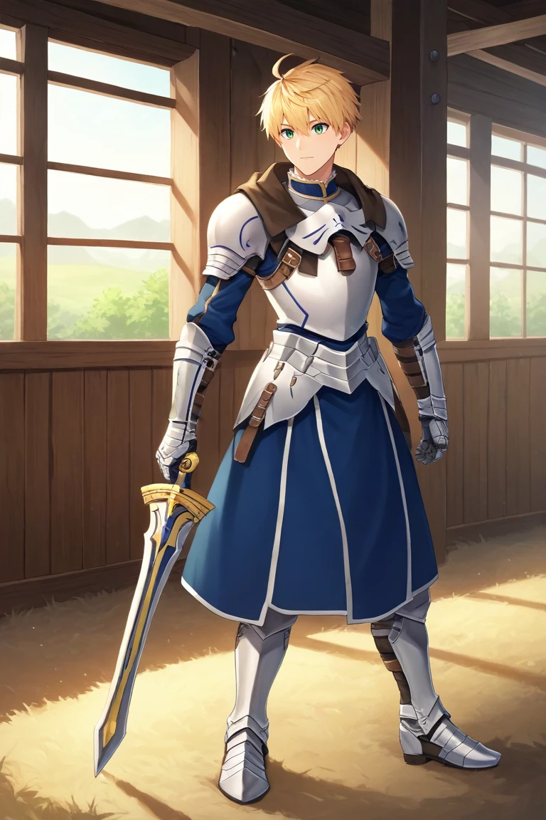 score_9, score_8_up, score_7_up, source_anime, rating_safe, , (realistic:0.6), , , 1boy, solo, male focus, <lora:arthur_pendragon_fate_pony:0.88>, arthur_pendragon_fate, blonde hair, green eyes, short hair, ahoge, hair between eyes, bangs, armor, breastplate, gauntlets, pauldrons, holding sword, straight-on, full body, farm, plantation, indoors, dark, knees up, squinting, , <lora:sdxl_lightning_8step_lora:1>