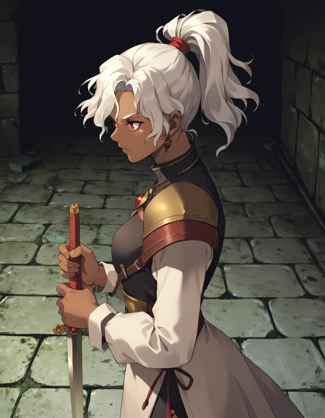 score_9, score_8_up, score_7_up <lora:rita-ponyxl-000025:1> wwrita, red eyes, white hair, ponytail, dark-skinned female, fashion,
dungeon, from side, holding sword, solo, stone floor, stone walkway, unsheathed, upper body