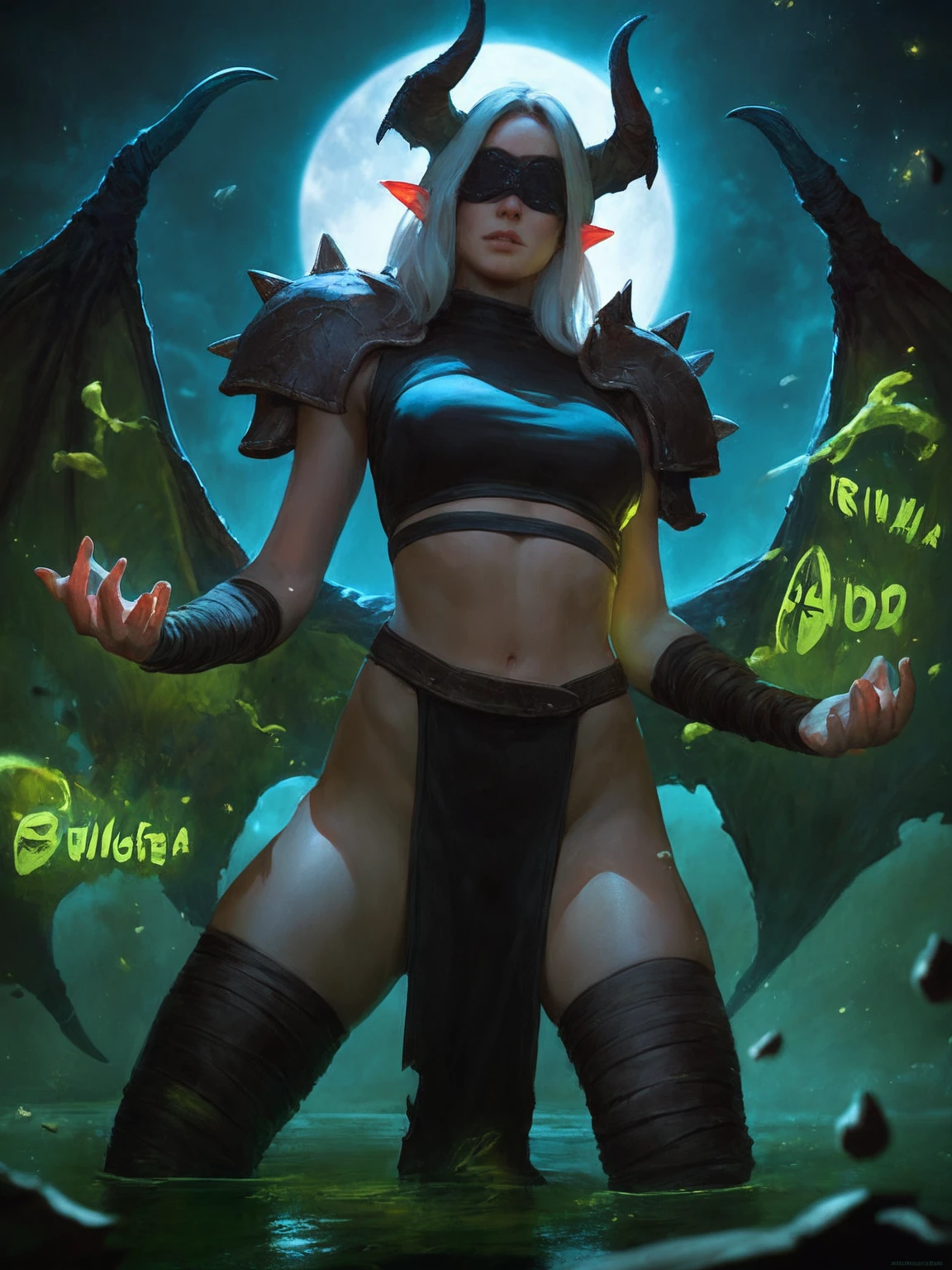 score_8_up, score_7_up, 1girl, illidari demon hunter, glowing eyes, blindfold, glowing green eyes, white hair, bandages, black crop top, demon wings, pointy ears, horns, spiked ornate shoulder pads, black pelvic curtain, thighhighs, green magic effects, night, moon, reflective water, dynamic pose <lora:sxz-mendoza-smol-v2-pdxl:0.8> mendoza style, realistic, cinematic