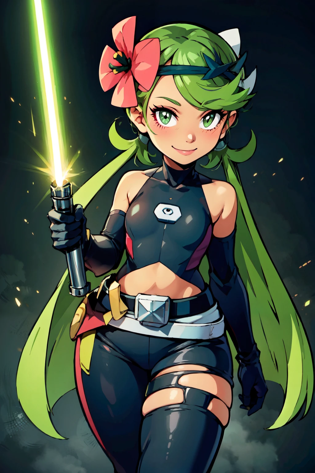 ((masterpiece, best quality)), absurdres, ,<lora:LightSaber:0.8>, zzLightSaber, gloves, boots, elbow gloves, belt, cape, (curvy), cute, eyelashes, <lora:Mallow_Pokemon:0.8>, mallow (pokemon), dark skin, hair flower, hair ornament, cowboy shot, smile, looking at viewer,