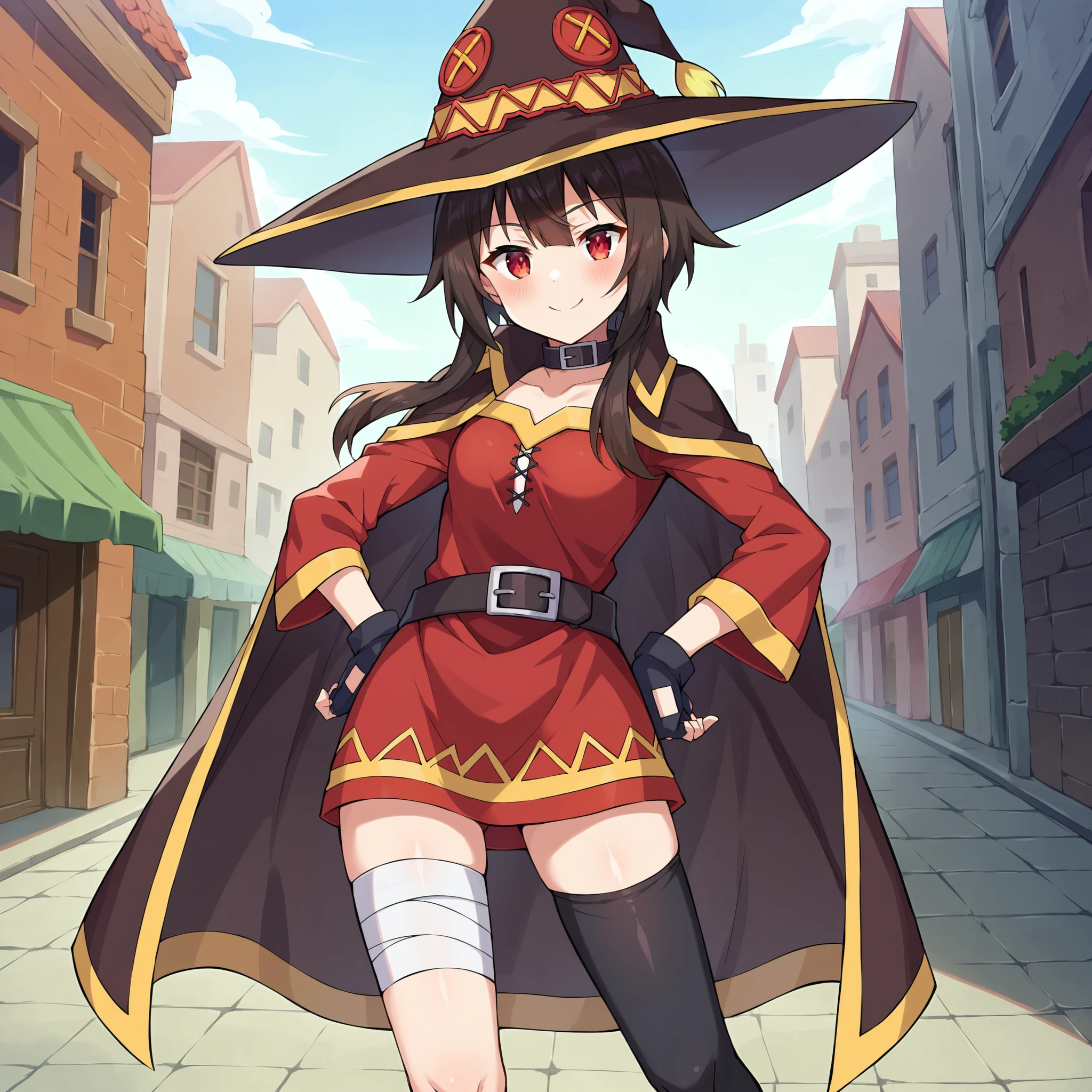 score_9, score_8_up, score_7_up, score_6_up, score_5_up, score_4_up, BREAK source_anime,city,outdoor,smile,standing,put hands on hips,<lora:Megumin_V1:0.7>megumin, short hair, black hair, red eyes, side locks, long locks,,thighhighs, gloves, hat,red dress, black gloves, belt, black thighhighs, fingerless gloves, cape, collar, witch hat, bandages, red dress, single thighhigh, asymmetrical legwear, bandaged leg