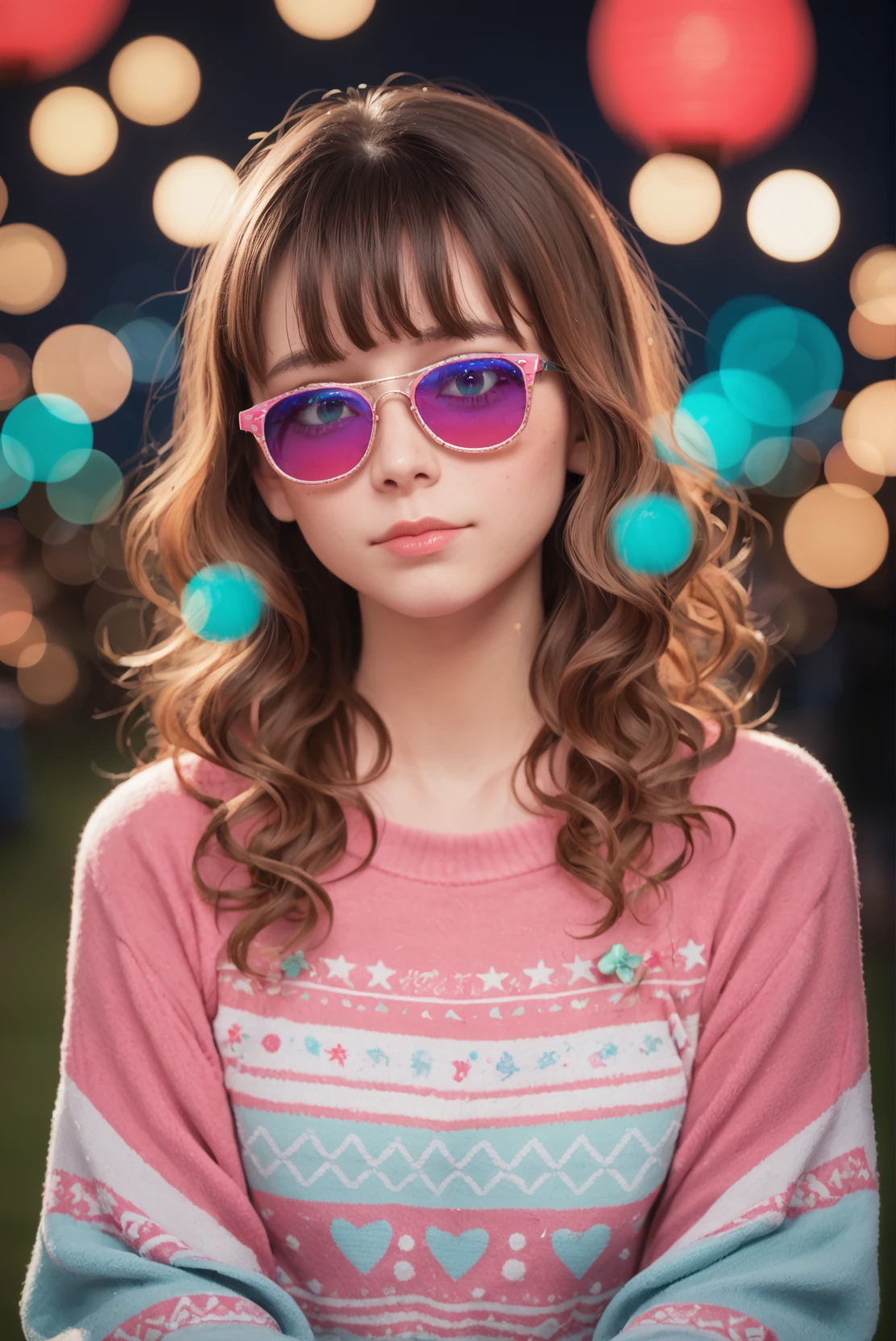 zPDXLrl, portrait of a beautiful girl with long wavy hair, bangs, at a carnival at night, wearing a sweater and pink sunglasses, cyan and magenta colors, (depth of field, bokeh:1.2) (zPDXL)