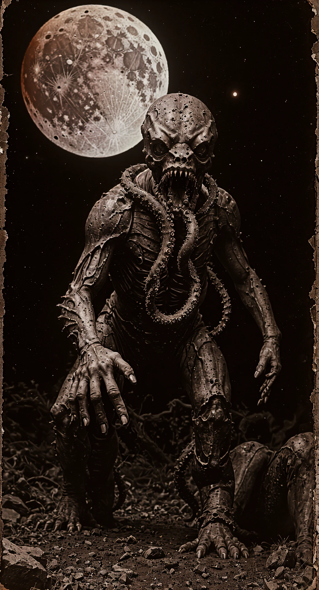 sepia old photo, damaged, early 19th century, 
fantasy, horror fantasy, during the lunar eclipse a conjunction of planets unleashes the portals to the underworld releasing barbed tentacled beasts out of the ichor of the night, lunar eclipse demon tentacles barbs ichor, uhd 8k hyper-realistic intricate detail, 
<lora:oldPhotoV1:0.9>,