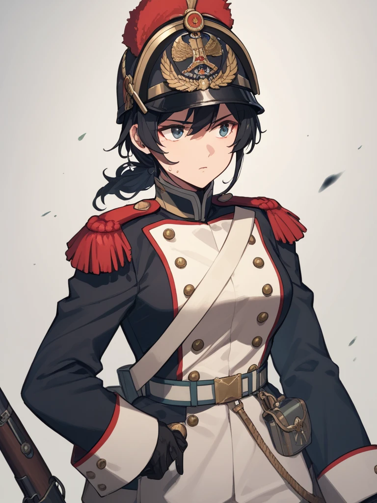 score_9,score_8_up,score_7_up,source_anime,rating_safe,<lora:em_soldier:0.8>,early modern soldier,1 girl,solo,long black hair,black jacket,epaulettes,helmet,
