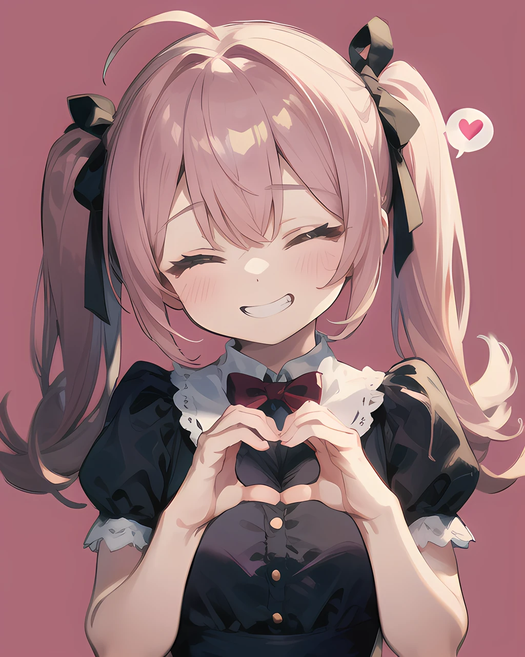 (masterpiece), (absurdres), (solo), (1girl), heart hands, heart ahoge, grin, closed eyes, upper body, head tilt, pink background, layered dress, bowtie, hair ribbon, twintails, spoken heart,