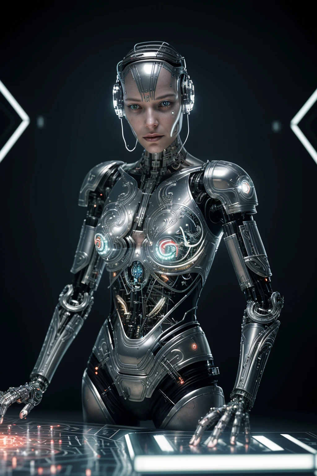 Chrome-plated cyborg, intricate circuit patterns etched onto synthetic skin, engaging in a high-stakes digital duel in a virtual arena. , photo by Jennifer Thoreson (Hudson) , <lora:SDHK:0.75>