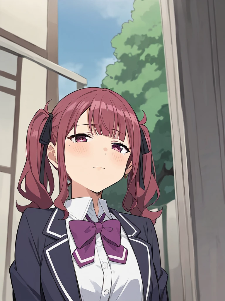 score_9, score_8_up, score_7_up, source_anime,masterpiece,best quality,highres,absurdres,official art,official style,source_anime,anime screencap,anime coloring,megami magazine,anime,animated,explicit,
shiny skin,portlait,
 <lora:natsuki_karin:1> natsuki_karin,twintails, bowtie, jacket, school uniform,  purple bow,  hair ribbon, white shirt, black ribbon, collared shirt, bangs, purple ribbon, blazer,