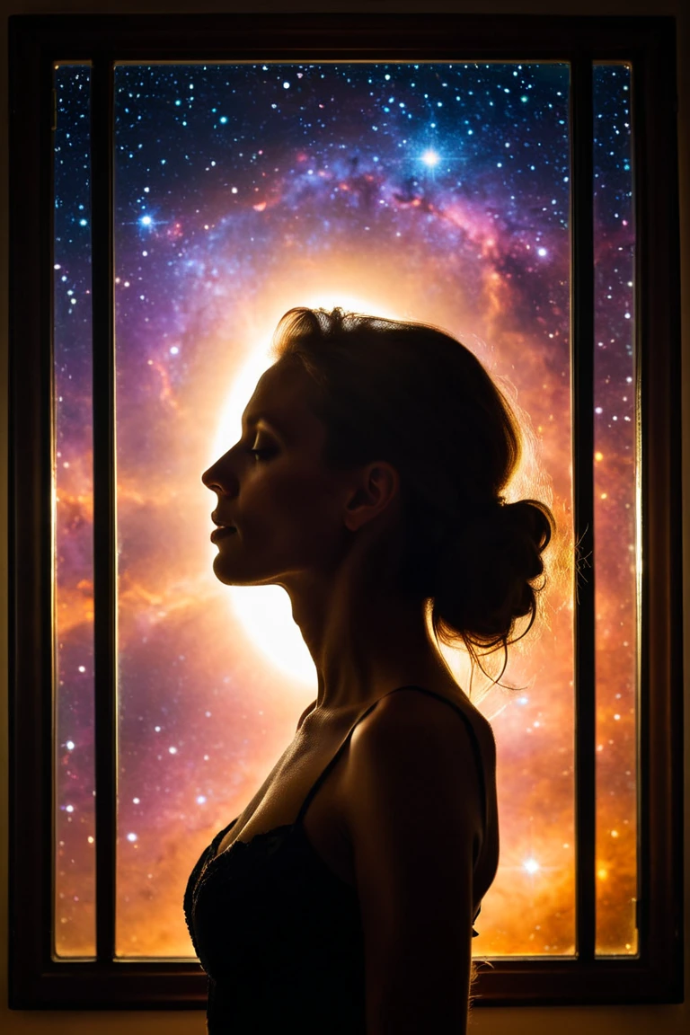 cosmic frame, beautiful woman in a frame, silhouette, backlighting