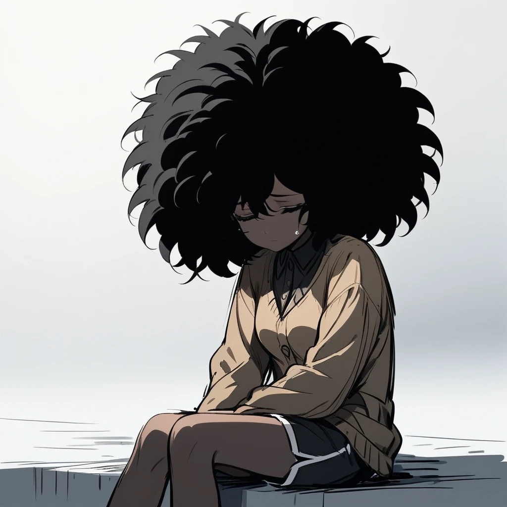 1girl, solo, closed eyes, sad, sitting, dark skin, afro, black hair, long sleeves, shorts, cardigan