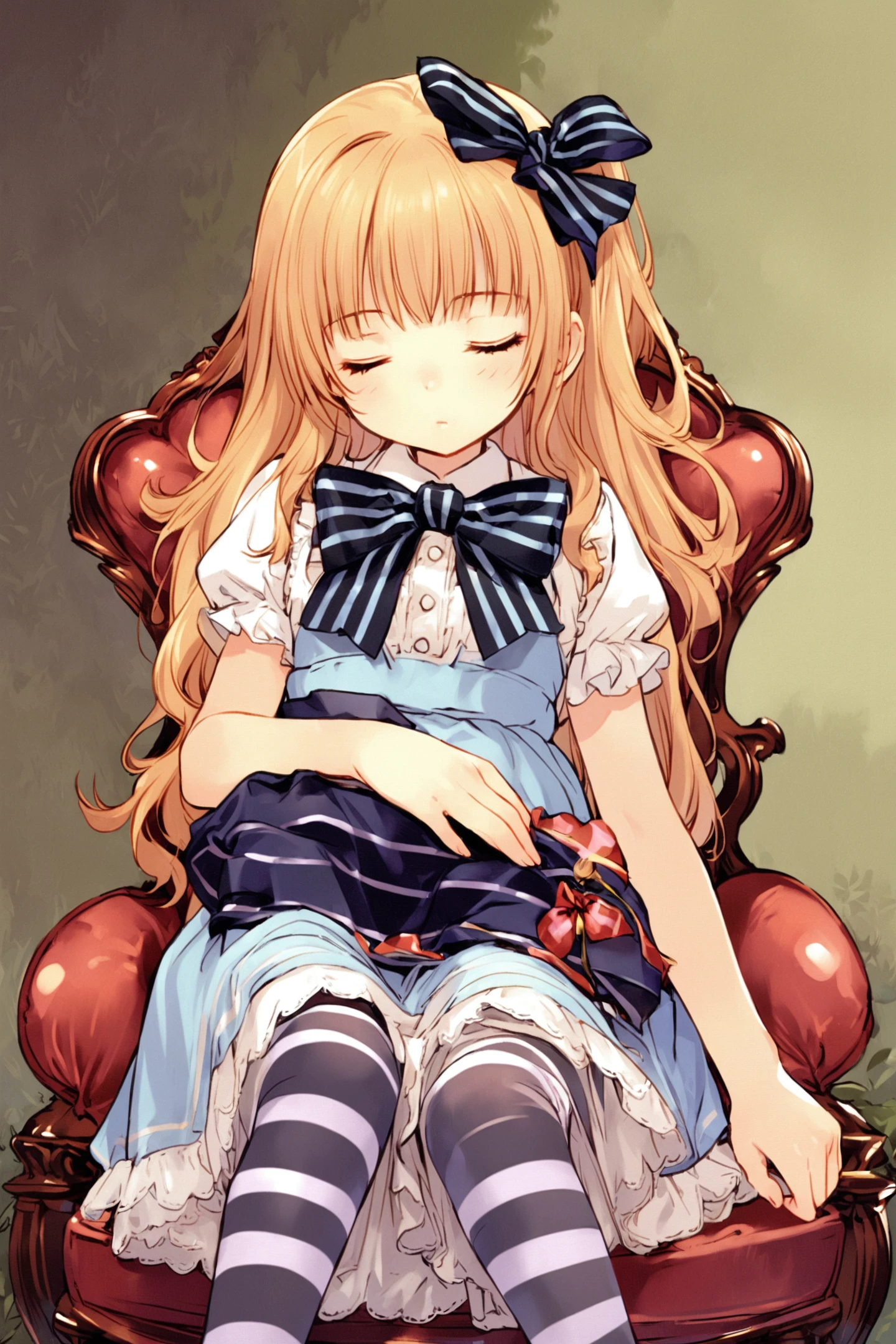 1girl,solo,sleeping,striped,blonde hair,bow,pantyhose,hair bow,chair,sitting,dress,ribbon,sleeping upright,striped pantyhose,alice (alice in wonderland),<lora:Takeshi Kazaki_XL:0.9>,