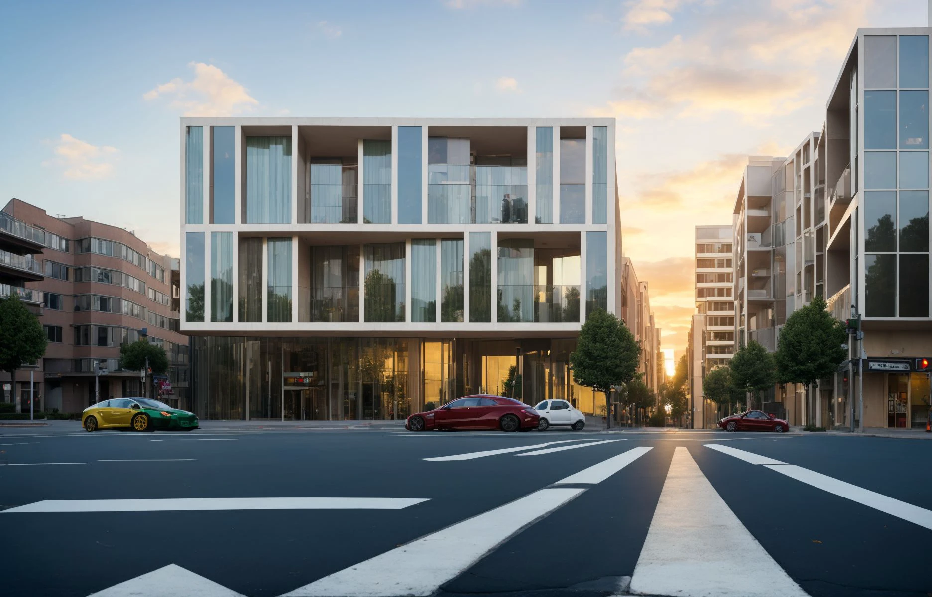 (masterpiece:1.5),( best quality:1.2), high quality, highres, masterpiece, modern, commercial, residential, glass facade, steel, concrete, neutral color scheme, rectangular forms, urban, human perspective from street level, dusk, city, open communal spaces, mixed-use, sleek lines, balanced composition, recessed balconies, protruding elements, community interaction, building, car, cloud, cloudy sky, crosswalk, ground vehicle, lamppost, motor vehicle, outdoors, real world location, reflection, road, scenery, sky, street, traffic light, tree