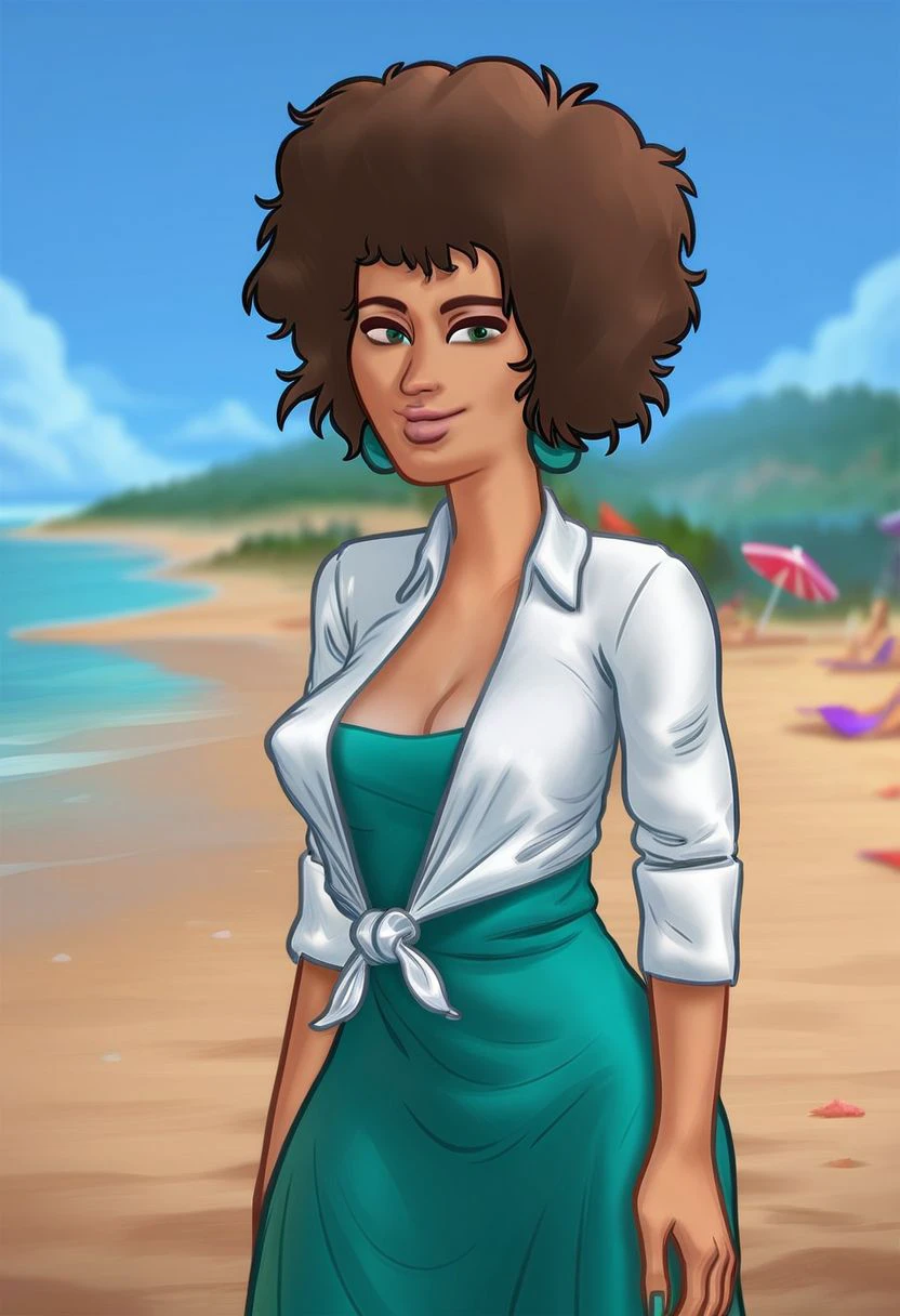 score_9, score_8_up, score_7_up, score_6_up, score_5_up, score_4_up, ((low depth of field)), <lora:SummertimeSagaXL_Pony:0.4>, (Drawn in the style of summertime saga), (beautiful landscape),
BREAK
<lora:stsRoss-10e:0.7>, stsross standing on beach, 1girl, medium breasts, green eyes, green nails, brown hair, afro, green earings, green dress, white shirt, tied shirt, looking at viewer, smile