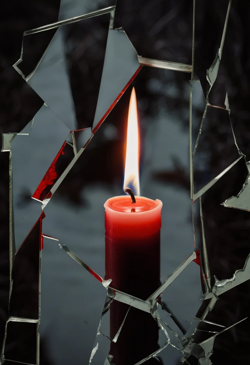 masterful photograph of a burning red candle,  sad melancholic mood, fractured image, broken mirror shards, imageshards, 