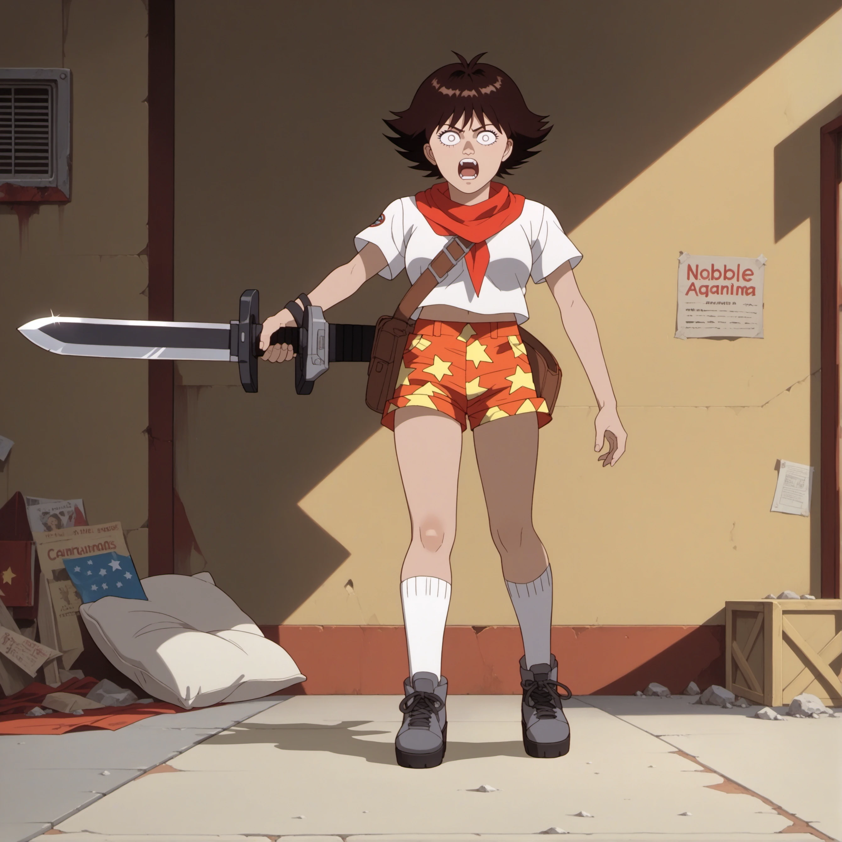 ZKZRZ, score_9, score_8_up, score_7_up, score_6_up, source_anime, 1girl, (bangs:1.1), white eyes, surprised, star-shaped hair, multicolored hair, short shorts, stole, full body, tournament arena, raised platform, noble contestants, roaring crowds, jousting and sword-fighting