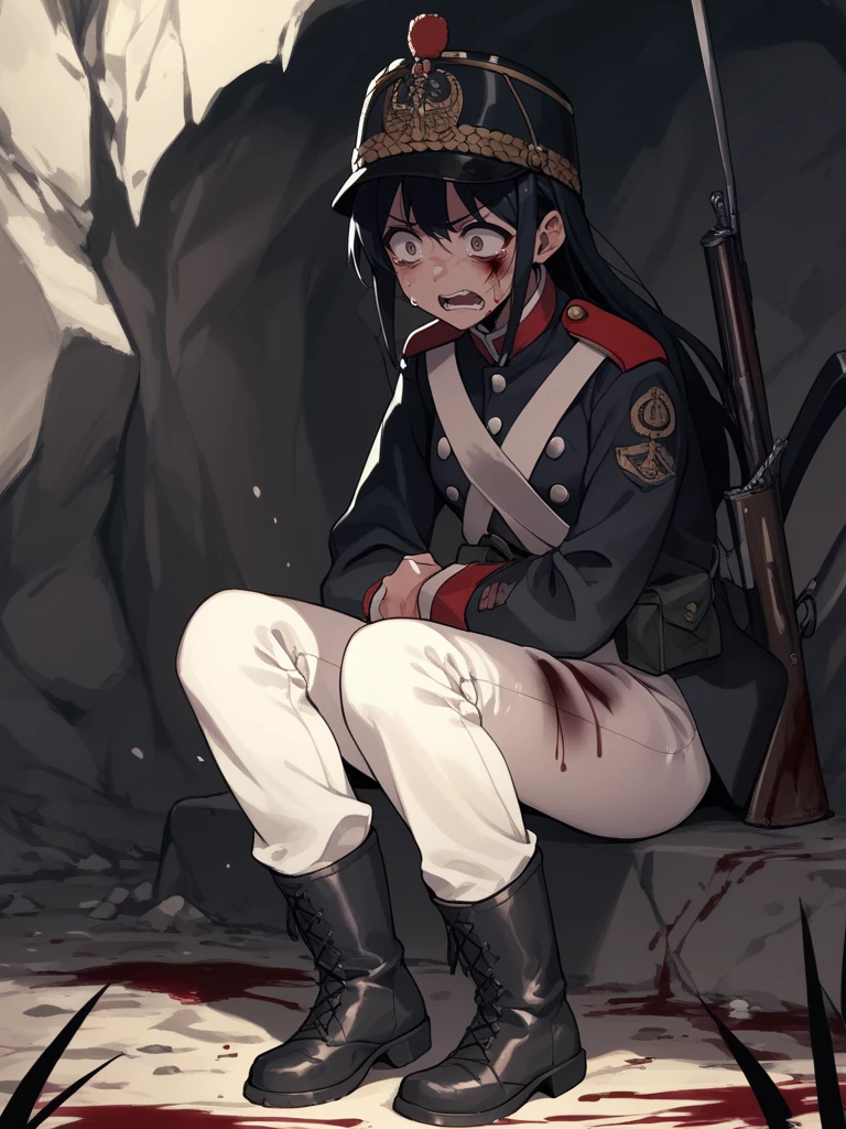 score_9,score_8_up,score_7_up,source_anime,rating_safe,<lora:em_soldier:0.8>,early modern soldier,1 girl,solo,upper body,long black hair,white pants,black jacket,scared,sitting in cave,sweat,boots,injury,blood,