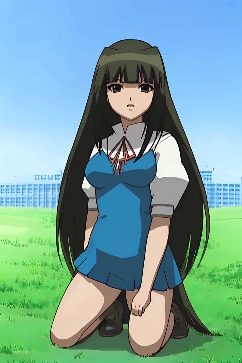 (extremely detailed CG unity 4k wallpaper),(anime coloring),(masterpiece),(best quality),(ultra-detailed),(best illustration),(best shadow),(absurdres),(detailed background), YuriKurosu, <lora:YuriKurosu:1> 1girl, black hair, long hair, black_eyes, detailed_eyes, black_eyeshadow, school uniform, red ribbon, medium breasts, vintage_dress_\(module\), bangs, blunt_bangs, short_sleeves, full_body, outdoors, school, holding, holding_sword holding_weapon, kneeling, sheath, sheathed, sidelocks, simple_background, solo, sword, weapon,