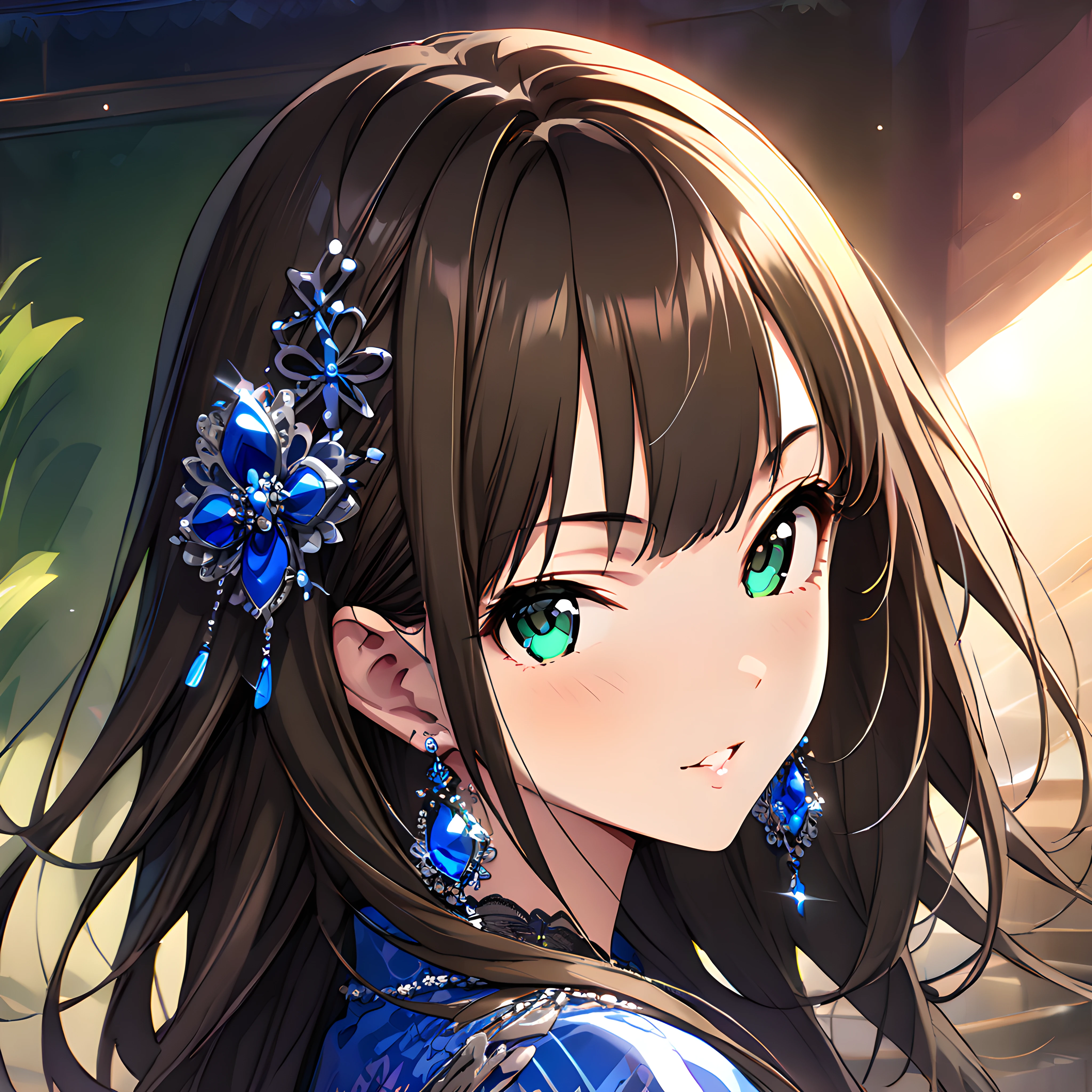 (masterpiece),(best quality),(ultra-detailed),(best illustration),(best shadow),(absurdres),(detailed background),(very aesthetic), rin shibuya, 1girl, solo, brown hair, jewelry, long hair, earrings, looking at viewer, green eyes, parted lips, hair ornament, portrait, seductive smile, <lora:rinshibuyav1:1>
