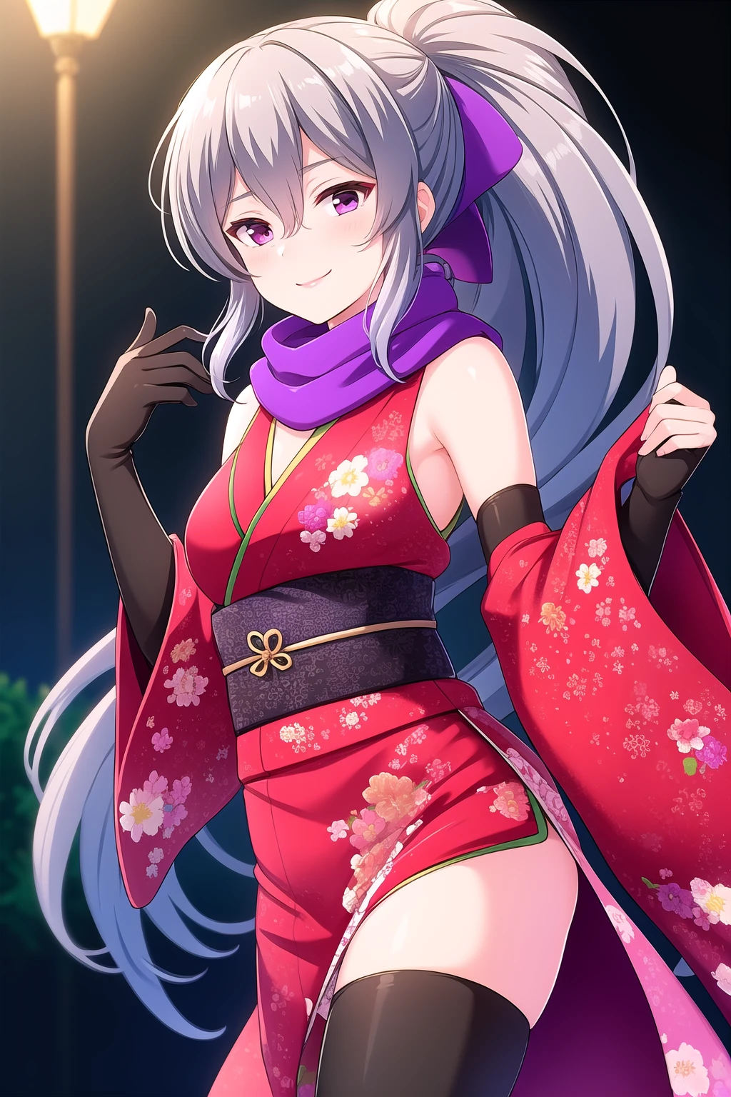 (masterpiece, best quality), highly detailed background, perfect lightingbest quality, shigetoakiho, solo, outdoors, night, ninja, grey hair, ponytail, hair between eyes, very long hair, purple eyes, medium breasts, purple scarf, red kimono, short kimono, sleeveless, floral print, black gloves, elbow gloves, black thighhighs, japanese clothes, smile, closed mouth, :), pink lips, <lora:Shigeto-Akiho:0.7>