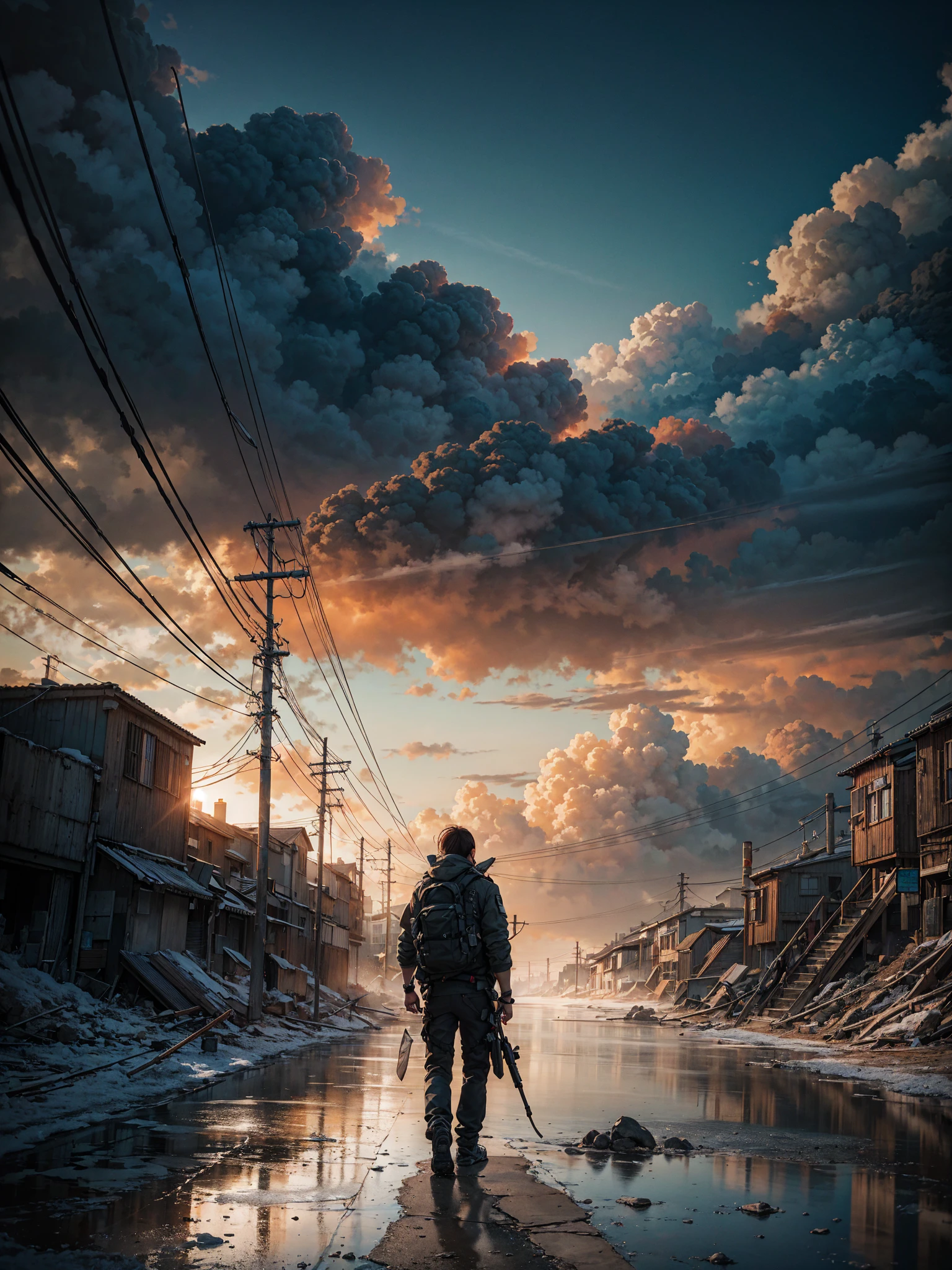 Dystopian style edge quality, perspective silhouette, 8k, best quality, masterpiece, extremely detailed, rule of thirds, photorealistic, superb, HDR, high resolution, sharp focus, photorealistic rendering, extremely detailed description, professional, gorgeous and intricate detail, . Bleak, post-apocalyptic, somber, dramatic, highly detailed