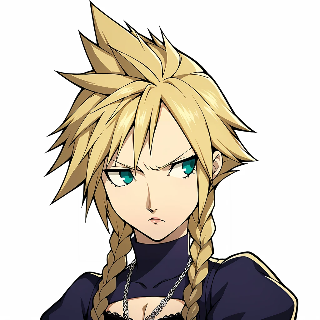 Score_9, score_8_up, score_7_up, source_anime, looking away, annoyed, cowboy shot, (white backdrop), upper body, portrait,masterpiece, best quality,1boy, femboy, beautiful, teal eyes, BREAK, twin braids, (violet dress), lace trim, cleavage, (hair bow), (ruby gemstone) necklace, , cleavage, flat chest, long sleeves, BREAK, cloud strife, persona BREAK, <lora:Persona_5_Portrait_Style_Pony_upscaled:1>