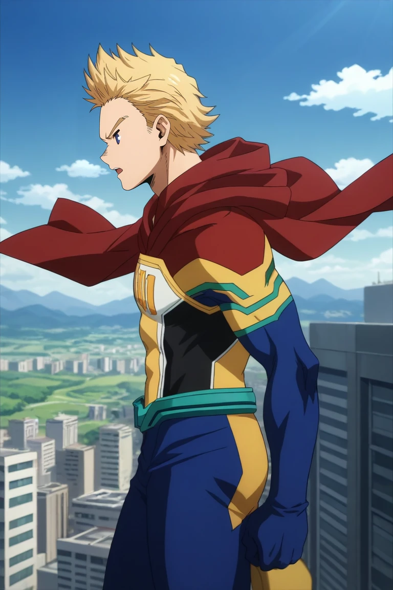 score_9, score_8_up, score_7_up, source_anime, rating_safe, , anime screencap, , , , , 1boy, solo, male focus, <lora:mirio_toogata_pony:0.84>, mirio_toogata, blonde hair, blue eyes, short hair, spiked hair, bodysuit, superhero, red cape, from side, mountaintop city, dawn, arm support, open mouth, , <lora:sdxl_lightning_8step_lora:1>