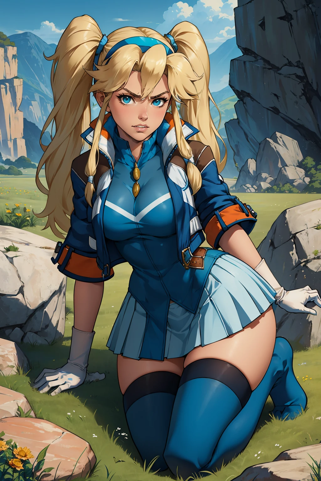 masterpiece, best quality, 1girl, <lora:clarissaarwin-nvwls-v1-000010:0.9> clarissa arwin, hairband, twintails, blue jacket, white gloves, pleated skirt, blue thighhighs, kneeling, looking at viewer, clenched teeth, furrowed brow, field, rocks, rock formations