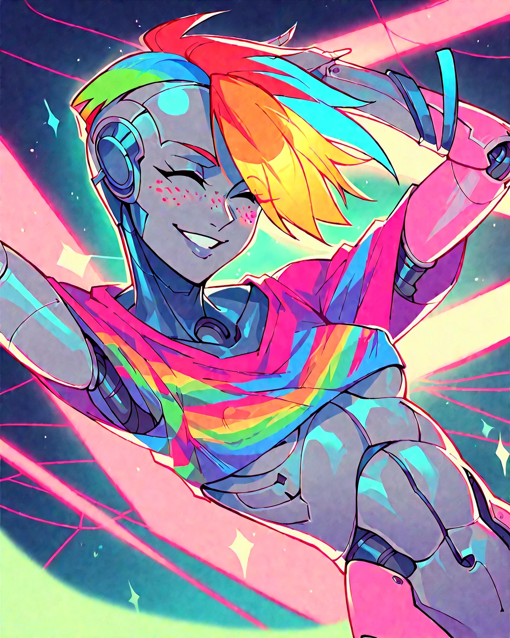 source_anime, robot skin, score_9, score_8, score_7, score_6, robot girl, android, colorful clothes, loose shirt, rainbow hair, pixie cut, robot joints, freckles, petite, android girl, joints, blushing, neon lights, lasers, music, smiling, dancing, cute, attitude, at a futuristic nightclub, vibrant, nipslip, nipple, in a crowd, energetic,
masterpiece, 8k, highly detailed, dynamic, dynamic lighting, cinematic lighting, intricate, nsfw,
SimplePositiveXLv2, <lora:RobotSkin_Pony_v1.05:1>