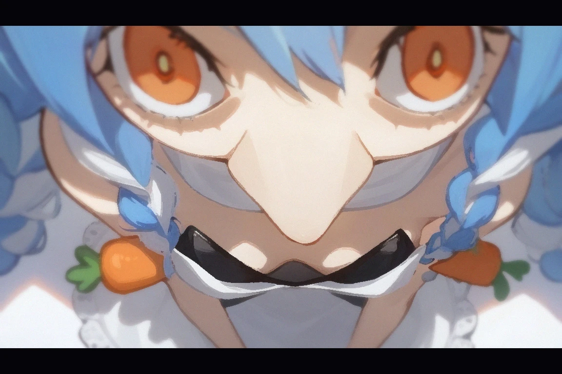 <lora:insanity-angle:1>, score_9, score_8_up, score_7_up, insanity-angle, 1girl, letterboxed, usada pekora, orange eyes, blue hair, white dress, white scarf, bare shoulders, cleavage, rabbit ears, two-tone hair, black leotard, small breasts, fur-trimmed dress, twin braids,