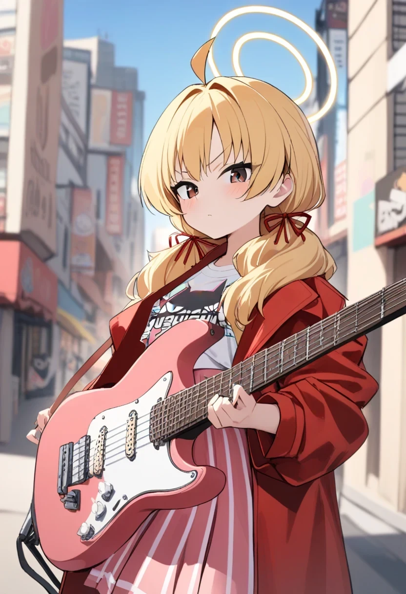 <lora:sugar_rush_v2:1>1girl, yoshimi \(band\) \(blue archive\), brown eyes, blonde hair, halo, ahoge, white shirt, pink skirt, print shirt, red jacket, electric guitar, playing instrument, outdoors, day, blue sky, city, outdoors, looking at viewer