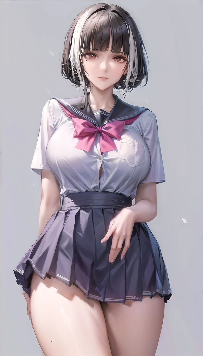 mole under eye,short hair-hairstyle,
(school uniform:1.28), 
lady,mature female, cowboy shot,
(white background,simple background:1.18),
highres,official art,original,masterpiece,best quality,
(huge breasts:0.8),
<lora:Sumire6:0.8>