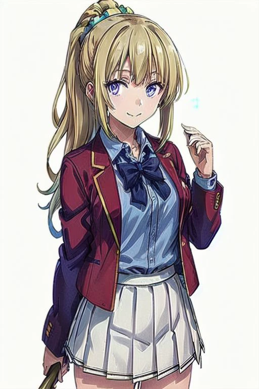 (masterpiece, best quality, official art, picture perfect, 8k, standing:1.5), 1girl, solo, kei, (looking at viewer, facing viewer, cowboy shot:1.1), (blonde hair, long hair, yellow colored hair, blue bow tie, blue scrunchie, ponytail:1.2), (purple eyes, shining purple eyes, smile, closed mouth, medium breasts:1.25), (Kei Attire, school uniform, white skirt, pleated skirt, light blue shirt, red jacket, open jacket, blue bow tie:1.3) (simple background:1.4),Kei