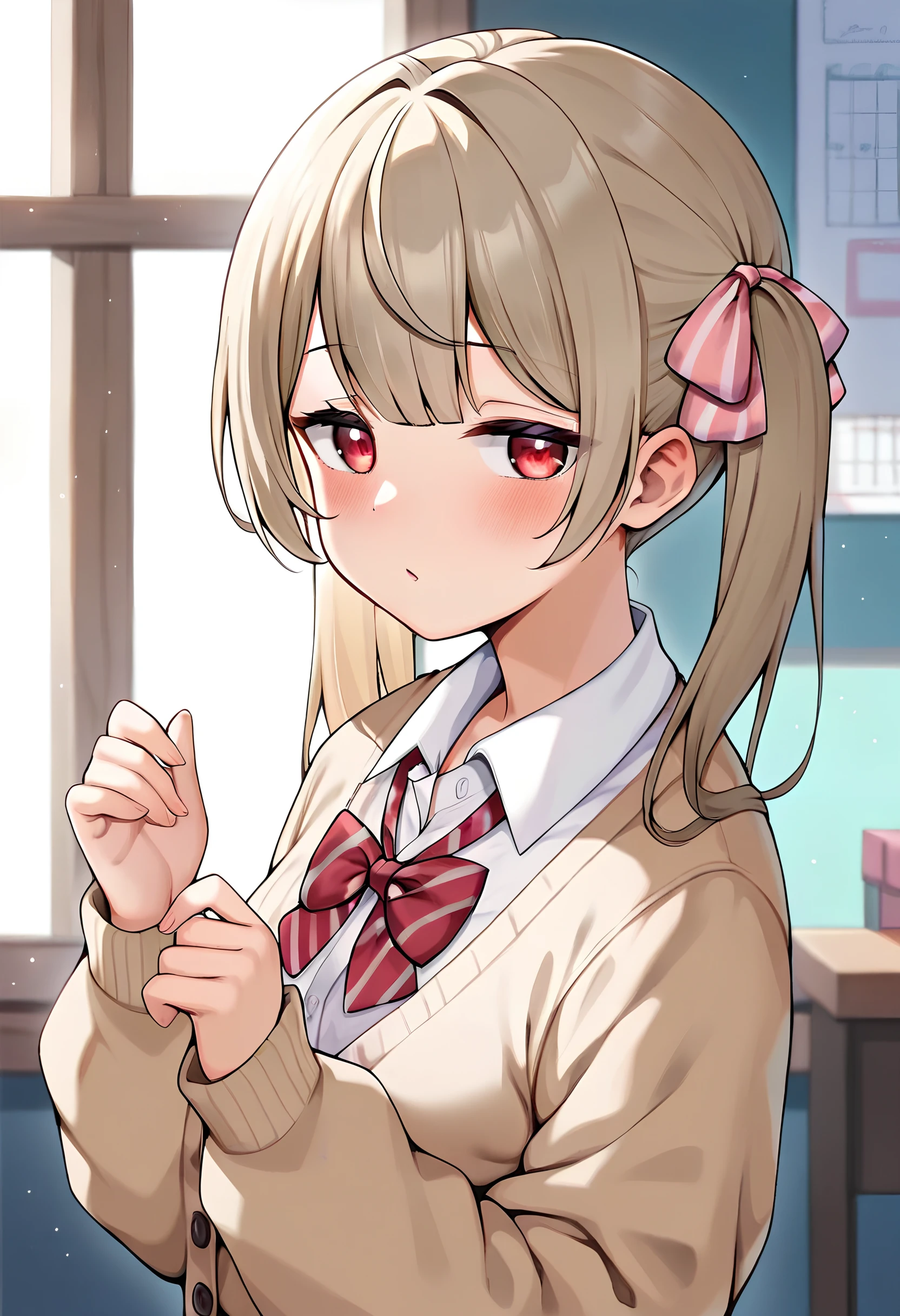 <lora:Pony_Style5118164398v2-000210:0.8>, score_9, score_8_up, score_7_up, score_6_up, score_5_up, score_4_up, 1girl, twintails, light brown hair, blush, long hair, blunt bangs, half-closed eyes, bow, long sleeves, hair between eyes, solo focus, hands up, upper body, shirt, white shirt, school uniform, cardigan, sweater, collared shirt, looking at viewer, striped bow, pink bow, red eyes, indoors, from side