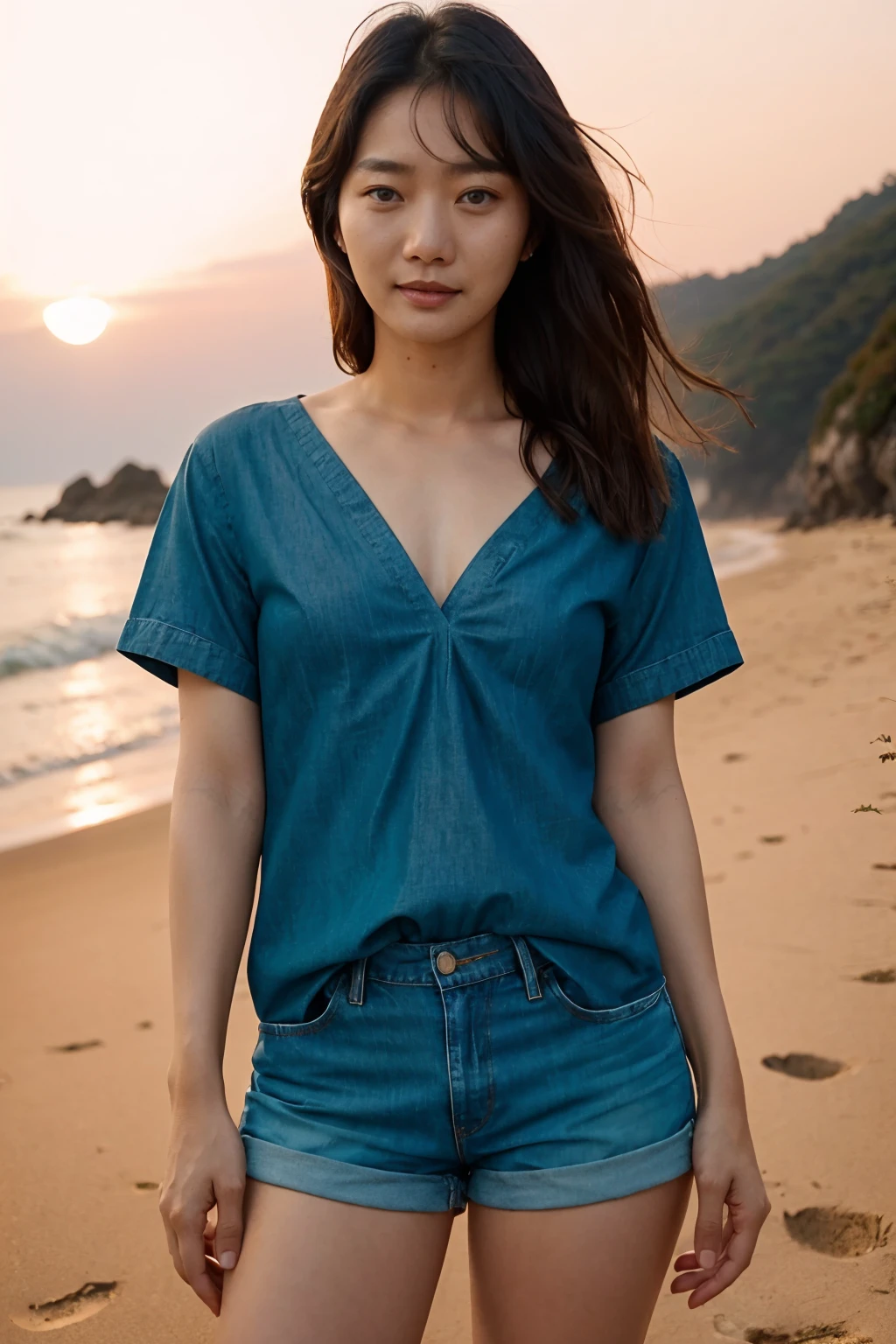 A photograph of (1girl, 35 years old, seductive smile), <lora:ZH_BaeDoona_v1:1>, zh_baedoona, solo, realistic, black eyes, black hair, long hair, looking at viewer, wearing (chambray top and denim shorts),