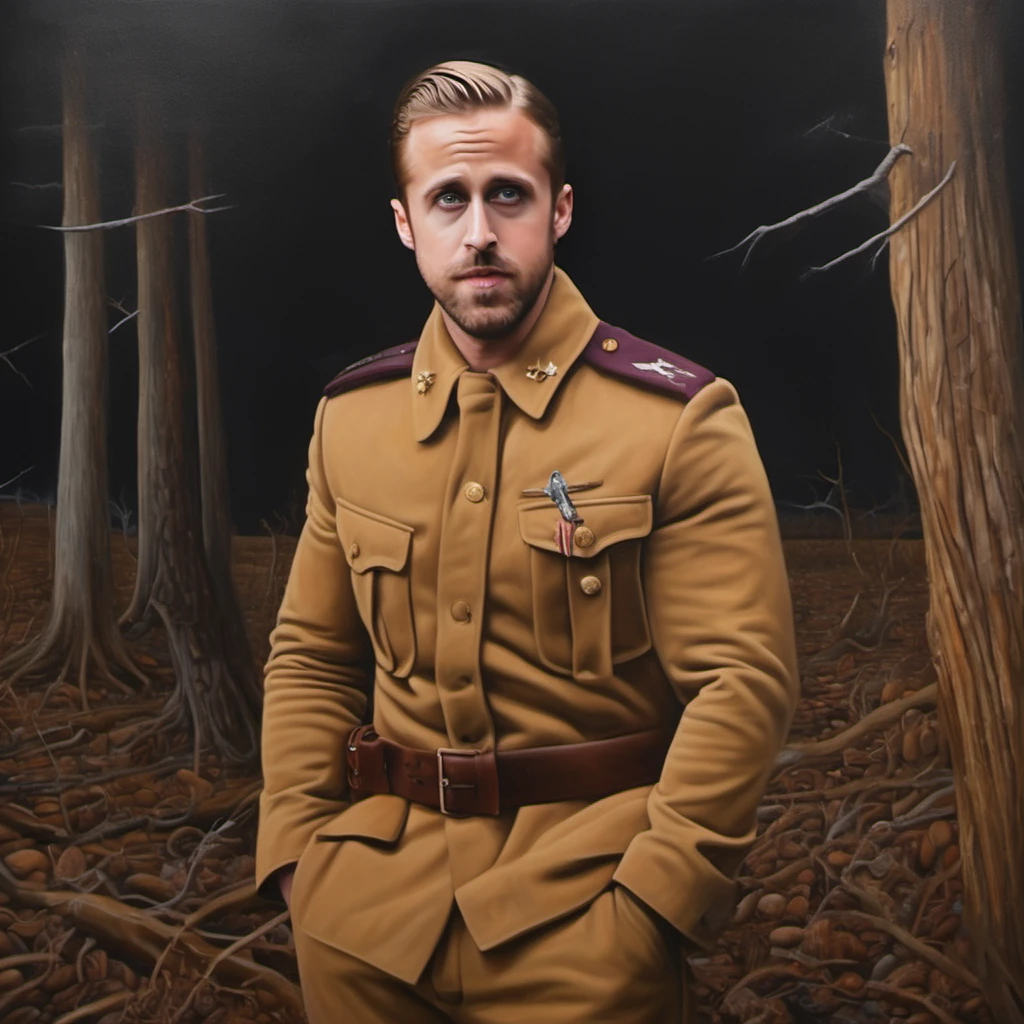 Painting of Ryan Gosling in RWWIBL Uniform,8k,1person,1man,dark skies,Dugouts,Trenches,Cemeteries,Frozen,Smoke,Choking dust,Ominous,Tenebrous,Grim,Disillusionment,Mourning,Tangled roots,Alla prima,Leading lines,Earth tones,dark,ultra detailed,intricate,surrealism,oil on canvas,dry brush
forest <lora:RWWIBL_uniform:1>
