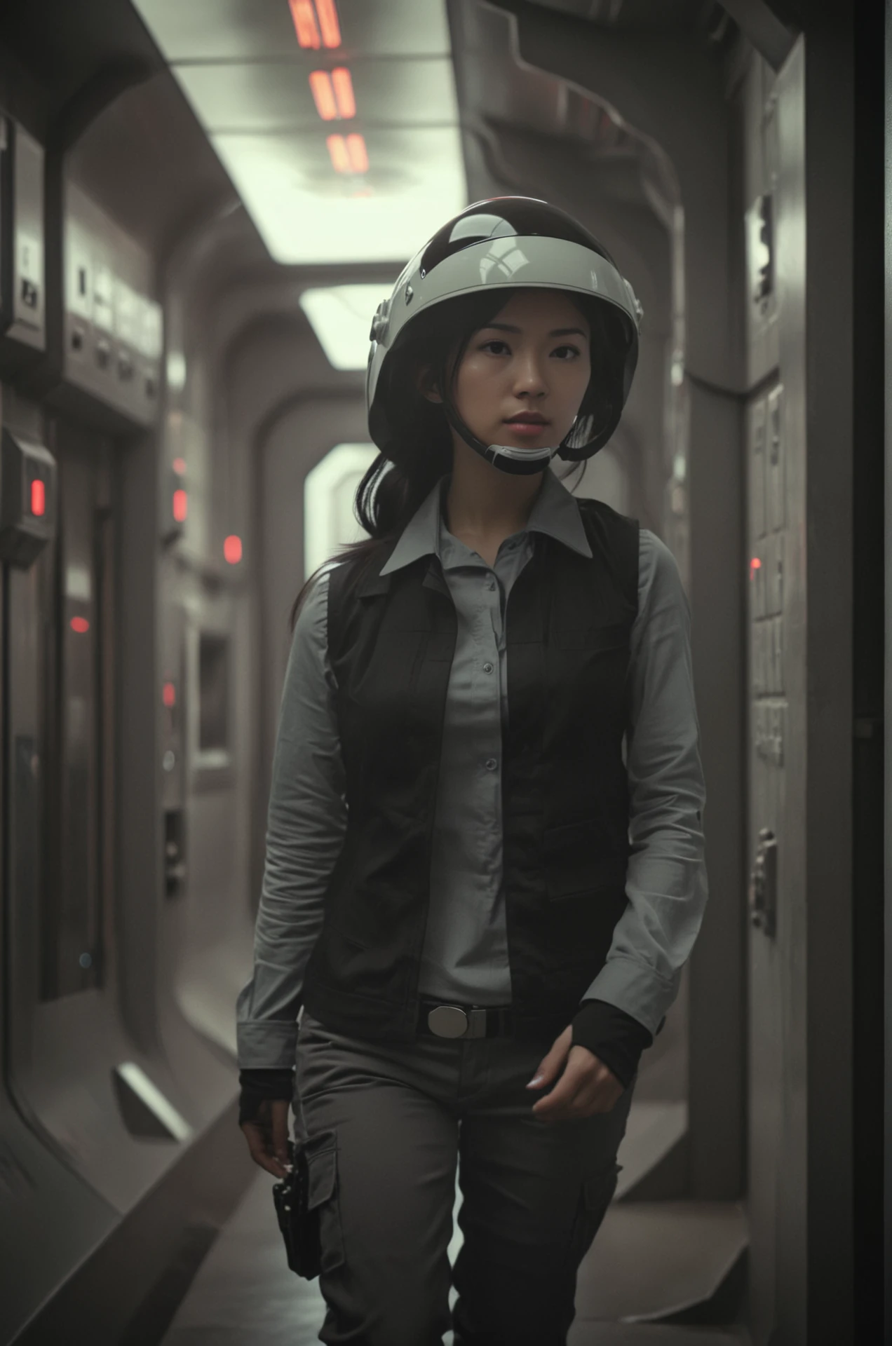 rebel trooper uniform,asian woman ,black vest,collared shirt,black and white helmet,in a sci fi hallway,long sleeves,<lora:RebelTrooperXL:0.8>,desaturated, 35mm photo, grainy, vignette, Kodachrome, Lomography, stained, highly detailed . octane render, highly detailed, volumetric, dramatic lighting