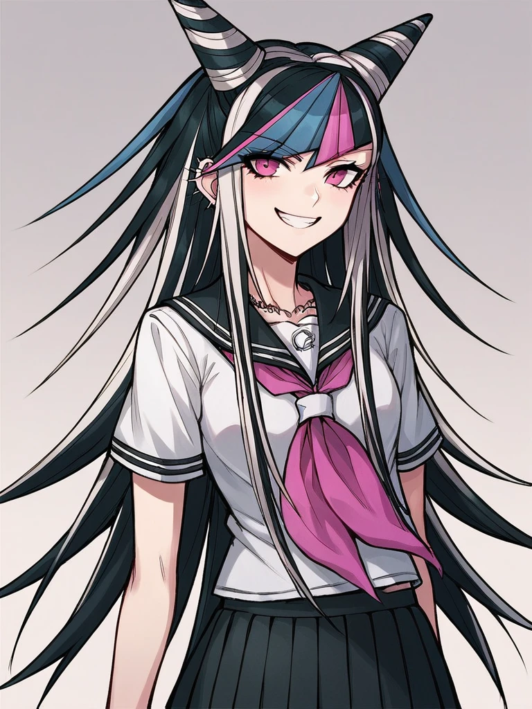 score_9, score_8_up, score_7_up, 1girl, Mioda Ibuki, black hair, white hair, pink hair, blue hair, very long hair, hair horns, pink eyes,

school uniform, short sleeves, serafuku, black skirt, looking at viewer, smile, pretty,