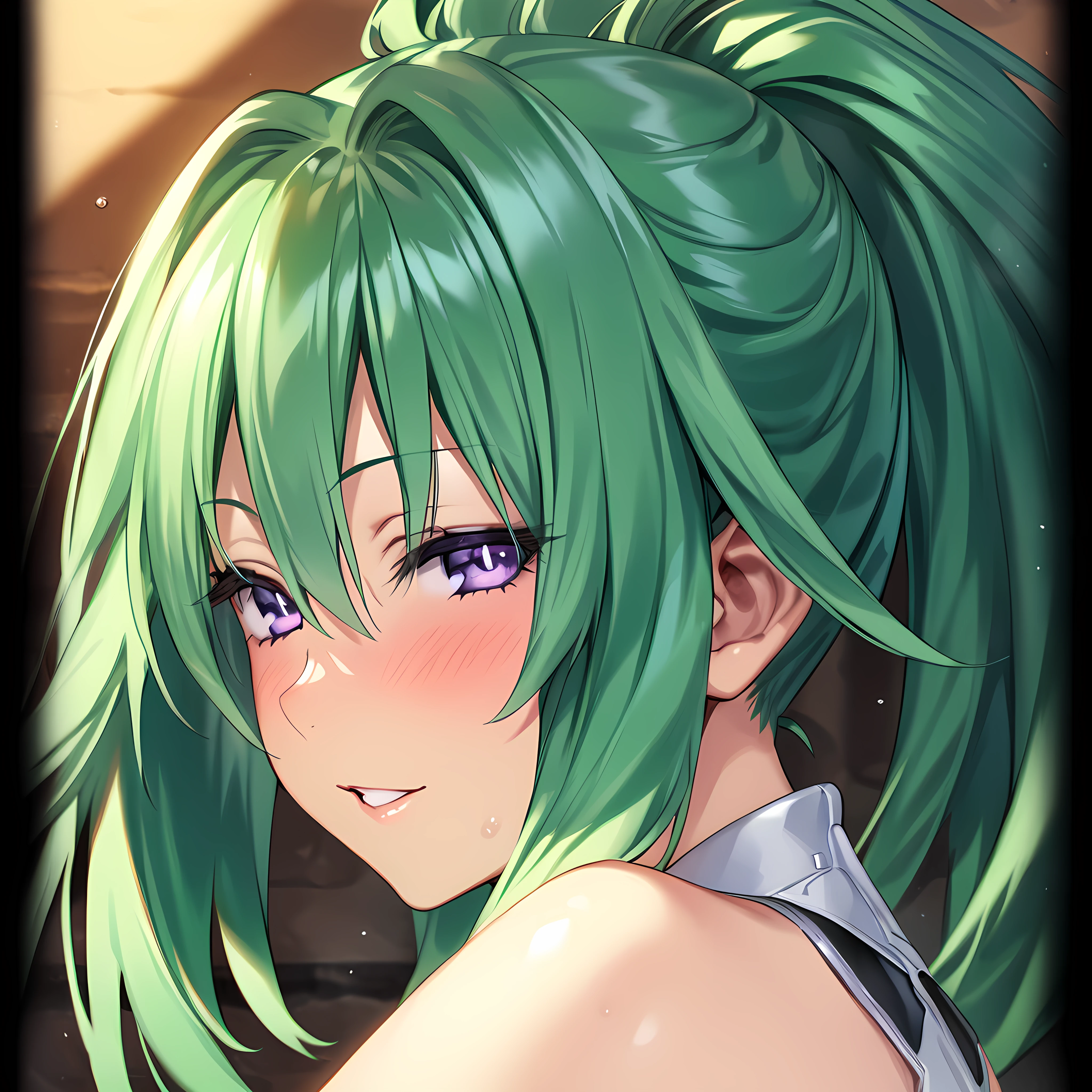 (masterpiece),(best quality),(ultra-detailed),(best illustration),(best shadow),(absurdres),(detailed background),(very aesthetic), green heart, whiteform, 1girl, solo, purple eyes, green hair, looking at viewer, close-up, parted lips, long hair, blush, portrait, symbol-shaped pupils, hair between eyes, seductive smile<lora:greenheartv1:1>