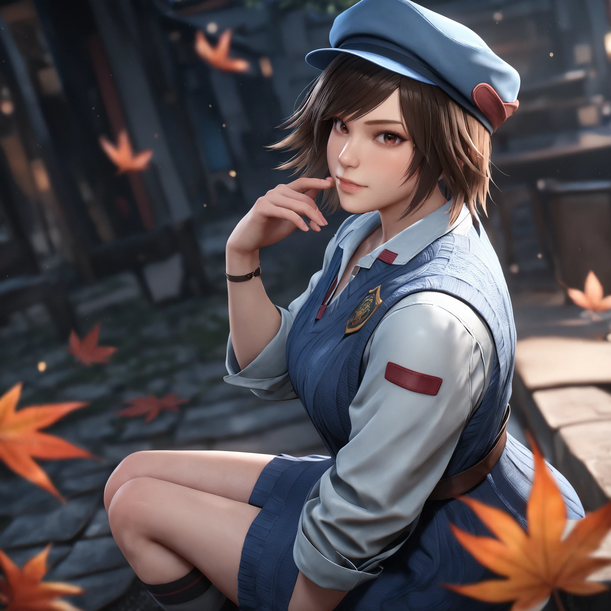 masterpiece, best quality, very aesthetic, absurdres, 1girl, asuka, brown hair, looking at viewer, hat, brown eyes, maple leaf, wind lift, socks, from side, short hair, hand up,  <lora:asuka_animagineXLV31:0.7>  <lora:lily_style_xl:0.7>