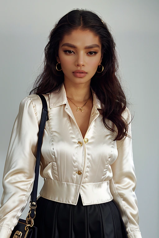 Dior bar jacket worn over a silk blouse and A-line skirt, accessorized with a Lady Dior handbag. beautiful, masterpiece, best quality, extremely detailed face, perfect lighting, 1woman, <lora:RedDelaCruz:1> , luscious lips, long hair, voluminous curls, in front of a white wall, outdoors, sunny weather <lora:great_lighting:1>