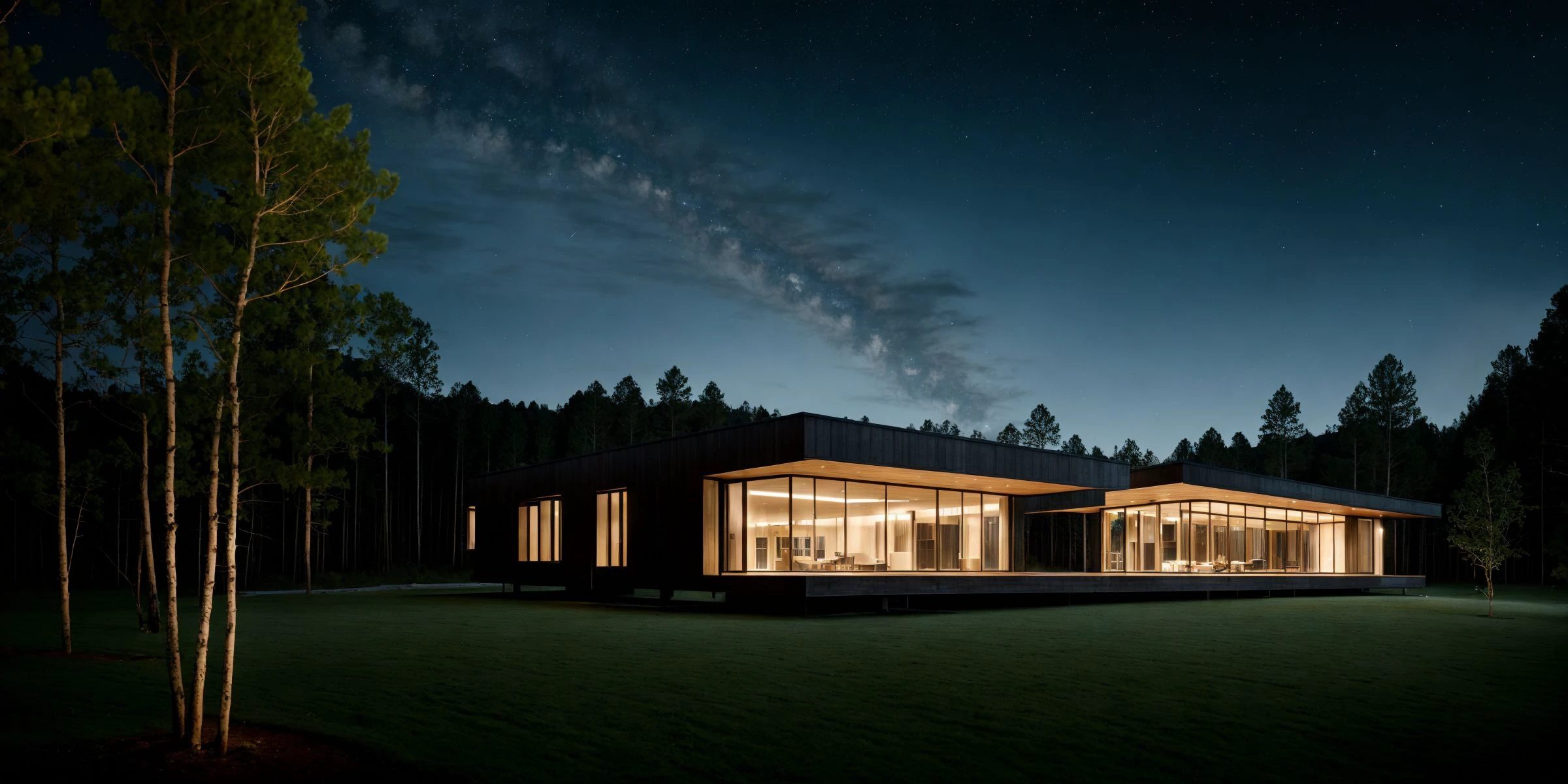 modern architecture style, photo realistic, clean sky, single building,(night:1.3),forest, masterpiece, best quality, highres,