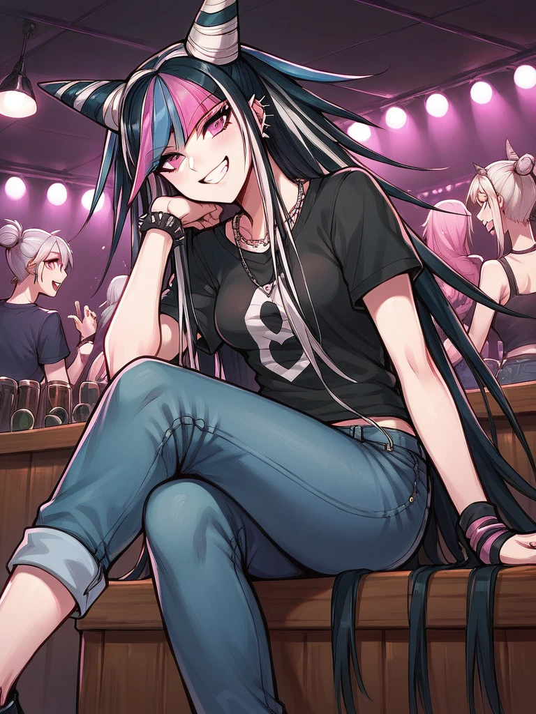 score_9, score_8_up, score_7_up, 1girl, Mioda Ibuki, black hair, white hair, pink hair, blue hair, very long hair, hair horns, pink eyes,

black t-shirt, jeans, smile, music venue, club, sitting, looking at viewer