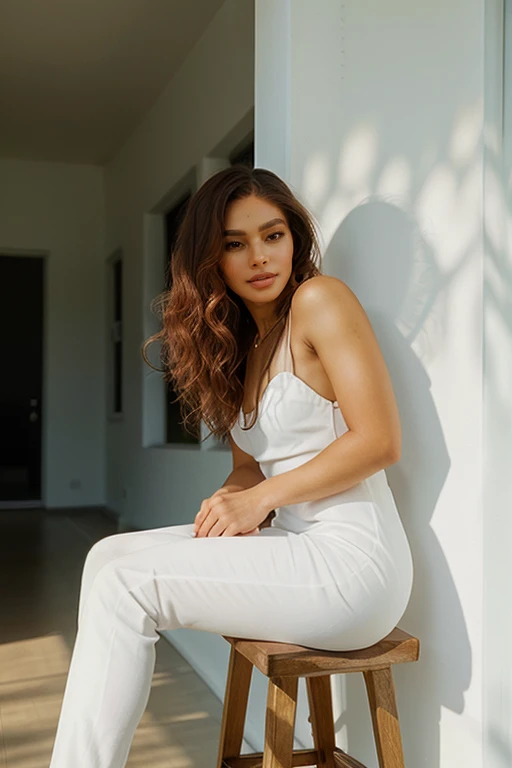 Sitting on a stool with legs crossed, leaning forward slightly with a playful expression. beautiful, masterpiece, best quality, extremely detailed face, perfect lighting, 1woman, <lora:RedDelaCruz:1> , luscious lips, long hair, voluminous curls, in front of a white wall, outdoors, sunny weather <lora:great_lighting:1>