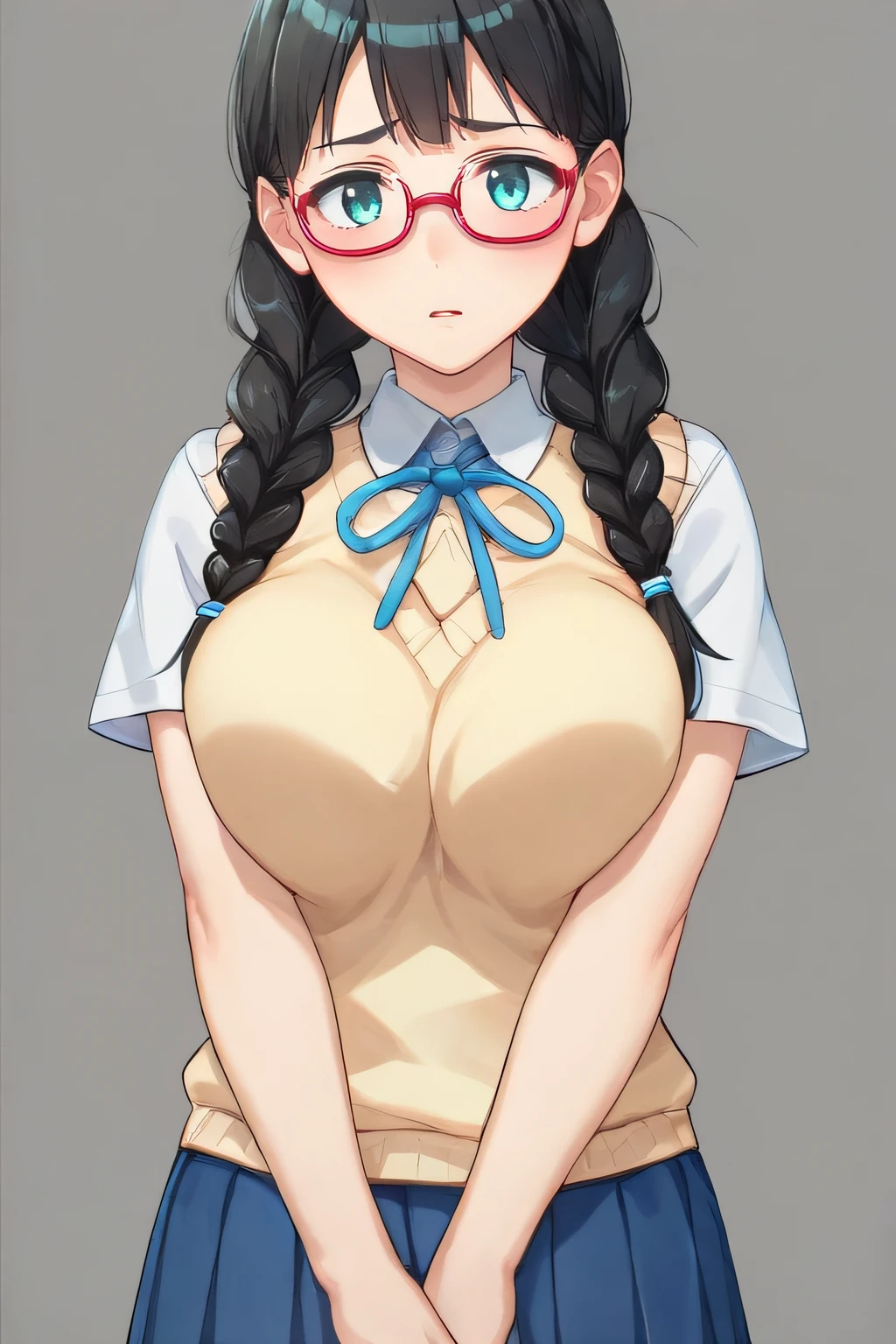 score_9, score_8_up, score_7_up, source_anime, rating_safe, intricate details, anime screencap, official style, <lora:PONY_Megumi:1>, megumi, aqua eyes, glasses, black hair, twin braids, large breasts, pleated skirt, blue skirt, short sleeves, sweater vest, blush, embarrased, looking at viewer, hair over shoulders, frontal view, simple background, parted lips, navel, breast squeezed together, hands pushing boobs together, <lora:sdxl_lightning_8step_lora:1>