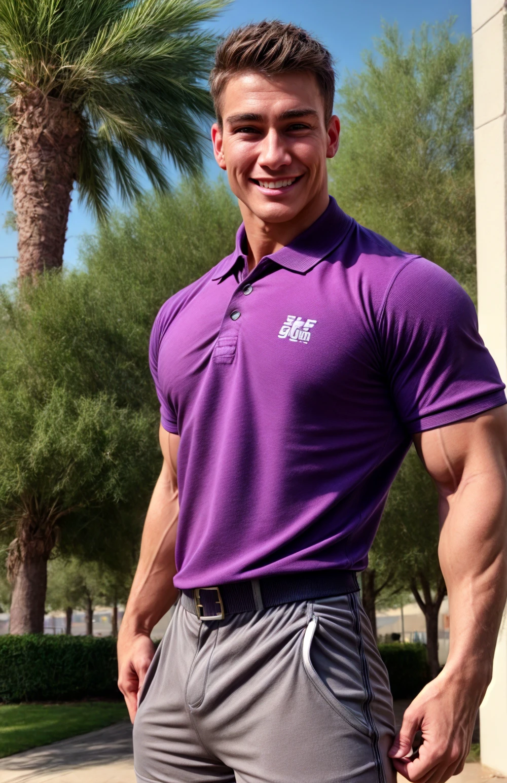 (face focus). (face close up shot:0.9), (masculine:1.3), (large strong physique:1.2), at outdoor sunny park, (muscular man wearing tight polo shirt:1.3), sexy pose:1.0, styled hair, confident, handsome, (((masterpiece))), (((best quality))), <lora:more_details:1.1>, (hands on waist), male, athletic, looking at viewer, (short hair), smile, MichaelHoffmanXXX, <lora:MichaelHoffmanXXX (1):1>