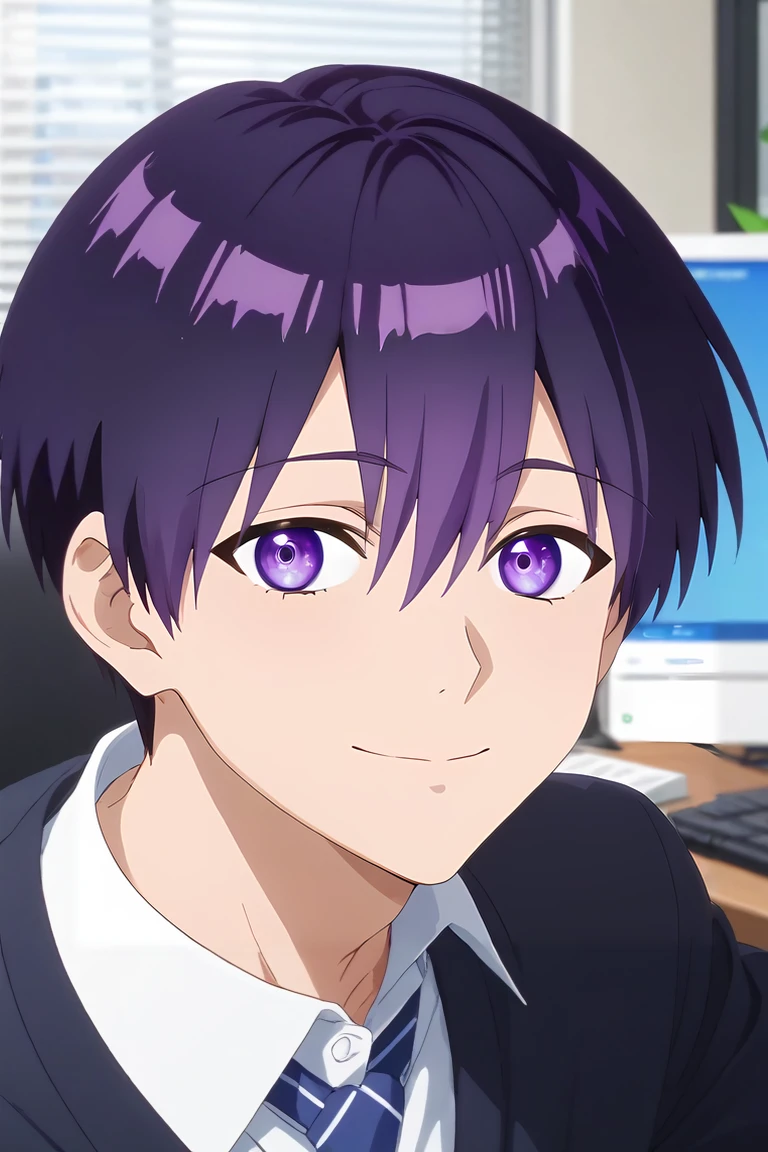 score_9, score_8_up, score_7_up, source_anime, rating_safe, , (realistic:0.6), looking at viewer, depth of field, 1boy, solo, male focus, <lora:yuuki_izumi_pony:0.8>, yuuki_izumi, purple hair, purple eyes, short hair, hair between eyes, asymmetrical, office, computers, day, sunny, (pose), half-closed eyes, smile, , <lora:sdxl_lightning_8step_lora:1>