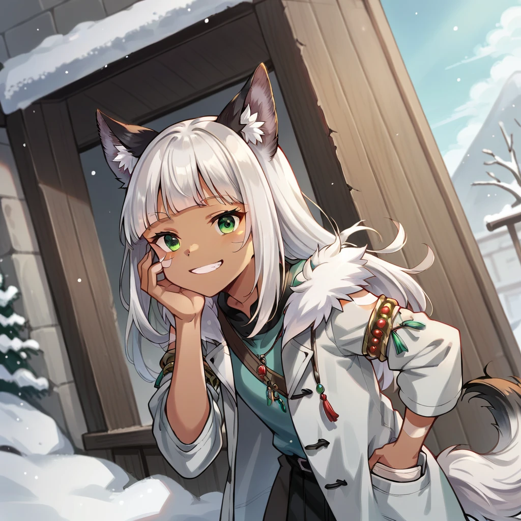 1girl, solo, long hair, bangs, animal ears, green eyes, tail, white hair, wolf ears, dark skin, blunt bangs, dark-skinned female, facial mark, wolf tail, armlet, coat, thick coat, fur trim, <lora:PonyXL Ochette V1:0.8> score_9, score_8_up, score_7_up, score_6_up, score_5_up, score_4_up , anime coloring ,BREAK source_anime, anime,
smile,
outdoors, winter, snow,