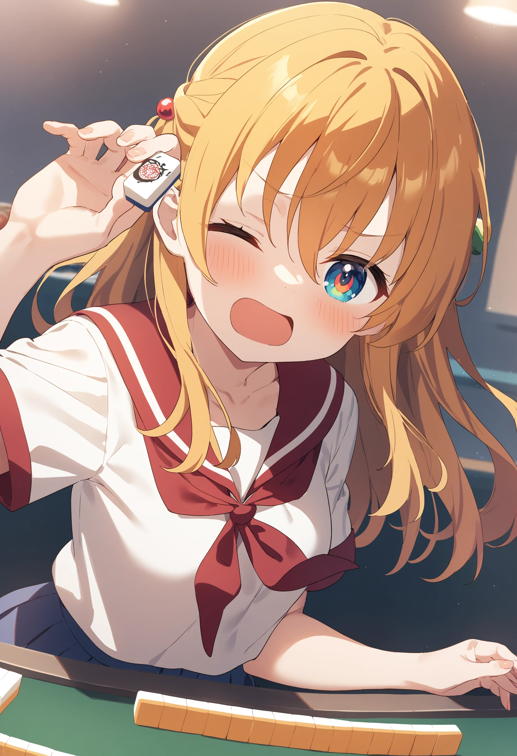 1girl,sincos, ningen mame, toosaka asagi,solo,medium breasts,school uniform,
mahjong, mahjong tile, mahjong table, board game, playing games,<lora:mahjong_XL_v1:1.0>
from above, fisheye lens, looking ahead, wince, open mouth,blonde hair,  orange eyes,
best quality, very aesthetic, absurdres,