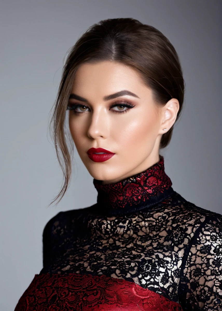 fashion editorial style, (((full body))) of A captivating masterpiece of an woman, (((dressed in a red turtleneck Blouse))), open hair, The intricate lace and gold details exude a very rebellious aura. ((A bold and daring makeup look featuring ombre lips that transition from a deep, dark red at the center to a glossy black at the outer edges. The lips are expertly lined and filled in with precision, creating a gradient effect that is both edgy and sophisticated)). ((The use of high-shine gloss adds a touch of glamour and dimension to the look)), ((while the deep red and black hues give it a dramatic, vampy vibe)), low-key photography:1.3, one rim side light, narrow lighting, only one light source, facing camera, shallow depth of field, high fashion, trendy, stylish, editorial, magazine style, professional, highly detailed, 8K, <lora:MS_SaraStone_V1_SDXL:0.8>